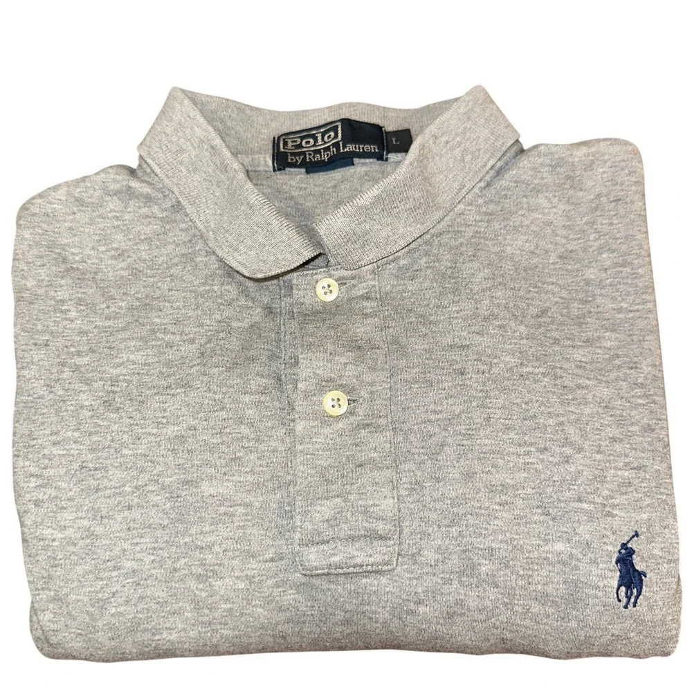 Polo Ralph‎ Lauren Men Large Gray Long Sleeve Cotton Polo Shirt Navy Blue Pony